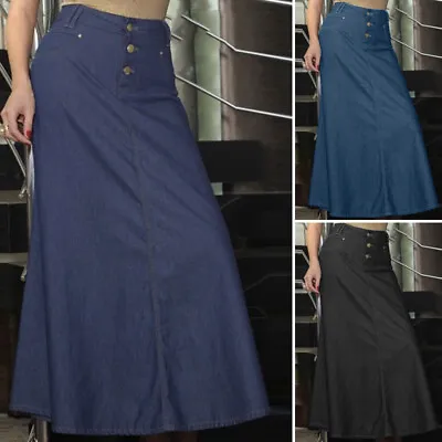 Womens Elastic Waist Long Maxi Demin Skirts Office Ladies Workwear A Line Dress • £16.10