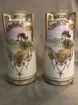 Antique Morimura  Bros. Nippon Scenic Triple Handled Vase Pair Gold Moriage • $149.99