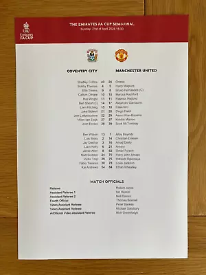 Coventry City V Manchester United 21-04-24 Emirates FA Cup Semi-Final Team Sheet • £4.99