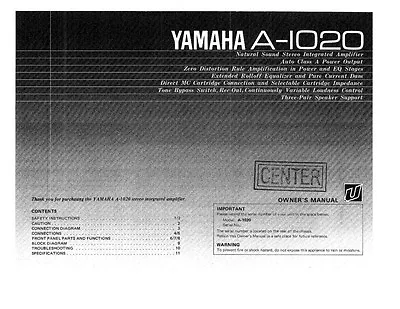 Yamaha A-1020 Amplifier Owners Manual • $21.99