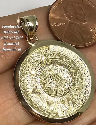 $234 • Buy GOLd Aztec Pendant 14k SOLID Azteca Sun Calendar Mayan Necklace Oro Mexic Medium