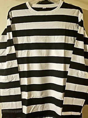 Black White Stripe Shirt Long Sleeve Inmate Jail Costume Adult Prisoner Men's LG • $9.88