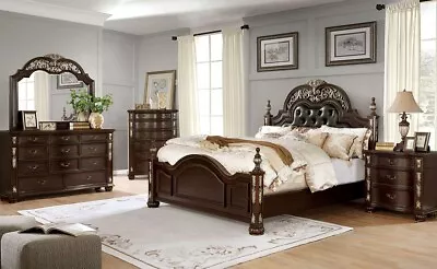 SPECIAL 5pcs Traditional Dark Cherry & Faux Leather Poster King Bedroom Set IACM • $2793.71