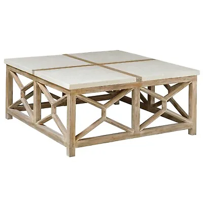 Open Light Weathered Wood Coffee Table Stone Top X Natural Minimalist Square • $1485