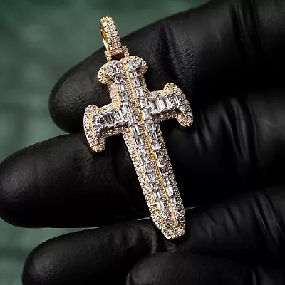 Men's Two Tone 14K Yellow Gold 2.10Ct Baguette Diamond Dagger Cross Pendant • $1950