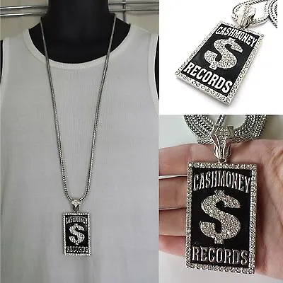 Mens New Hip Hop Silver Cash Money Records Pendant Franco Chain Necklace • $34.99