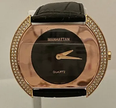 NEW MANHATTAN Watch Fresh Battery Statement! Iced Gold Dial Wide Leather Band • $14.90