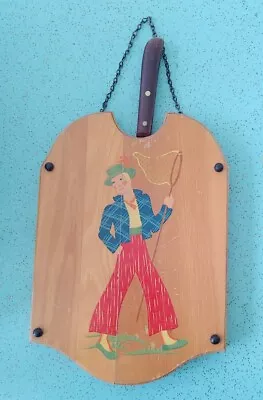 Vintage Solid Wooden Hanging Cutting Board With Knife Man With Butterfly Net • $27.99