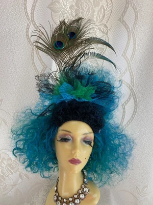 $175 • Buy Teal, Green And Black Curly Show Wig With Ribbon And Peacock Feathers