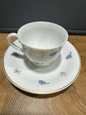 Vintage Mini White Tea Cup And Saucer Set W/ Blue And Silver Flower Pattern • $10