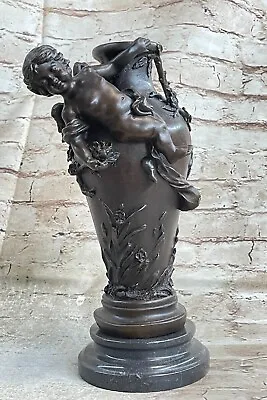 Vintage Real Genuine Bronze European Cherub Putto On Marble Base Sculpture • $349