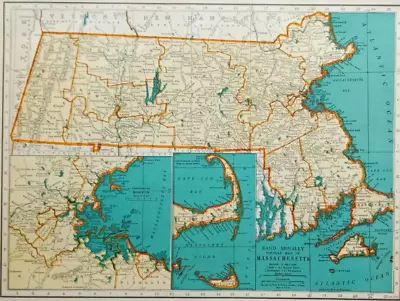 L@@K! Vintage 1940 World Atlas Colored Maps Of Massachusetts MA Michigan MI WWII • $5.99
