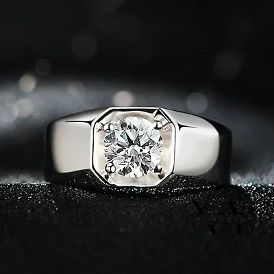 1 Ct Round Brilliant Moissanite Bezel Set Men's Engagement Ring 14K White Gold • $230.55