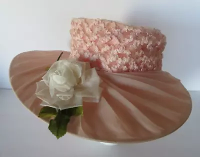 Vtg Dress Hat Womens Wide Brim Pink Taffeta Lace Fabric Flower Church Derby • $28.99