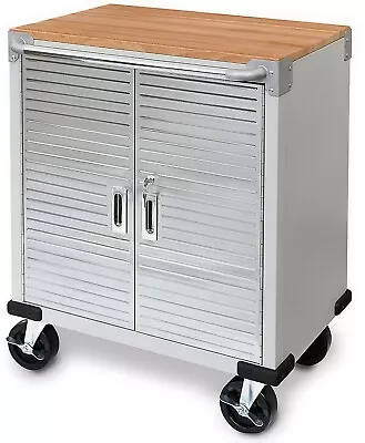 Rolling Tool Chest Stainless Steel 2 Door Metal Storage Cabinet Wood Top • $239.89
