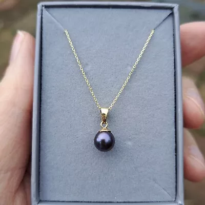 Solid 9ct Gold Black Freshwater Pearl Pendant Necklace • £125