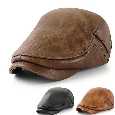 Men Beret Hat Cap Autumn Winter Leather Flat Newsboy Cap Gatsby Driver Ivy Hat • $19.59