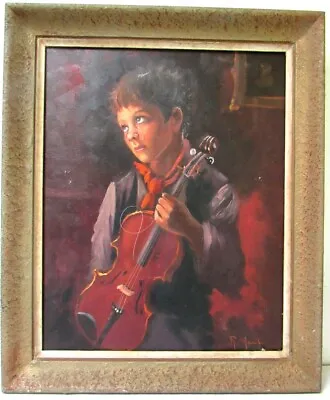 Vintage Original Oil On Canvas Painting Portrait  Crying Boy With Violin  Framed • $189