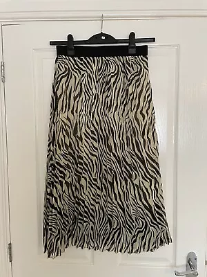 Cotton On EW Cream Black Zebra Print Pleated Midi Elastic Waist Lined Skirt 10 • £4.99