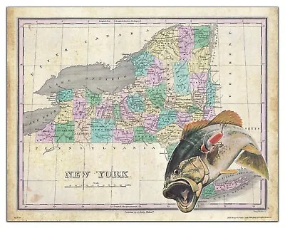 Largemouth Bass New York State Map Art Print Vintage Fishing Lures Wall Decor • $9.95