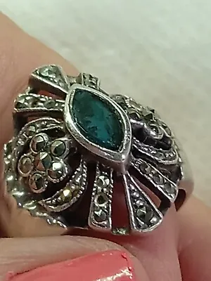 Marcasite Vintage 925 Sterling Silver Size 6 Ring With Teal Stone • $22