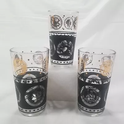 Cera MCM Coin Tumbler Cocktail Drinking Glass Barware Set Of 3 Black & Gold VTG • $21.97