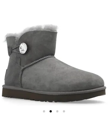 NEW Ugg Mini Bailey Button Bling Boots (8) Grey/Sheepskin Swarovski Crystal • $199