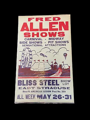 VINTAGE Fred Allen Shows Carnival Bliss Steel East Syracuse Ny Poster Sign 22.5  • $84.29