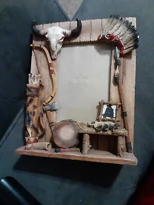 1980s Vintage WESTERN COWBOY NATIVE AMERICAN INDIAN Wood Picture Frame • $12.95