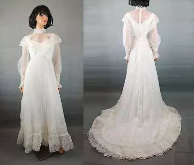 Hippie Wedding Gown XS Vintage 70s White Pleated Chiffon Lace Chapel Train Dress • $131.25