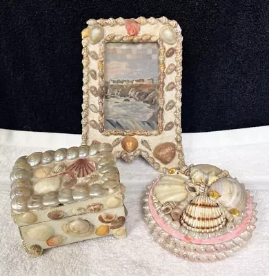 3 Vintage Seashell Art Boxes And Photo Frame Italy Japan Sea Shells Cottage Core • $49.50