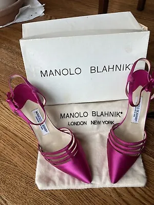 New Vtg Manolo Blahnik Strappy Ankle Silk Satin Sandals Heel Fuchsia Pink Bag 39 • $374.75