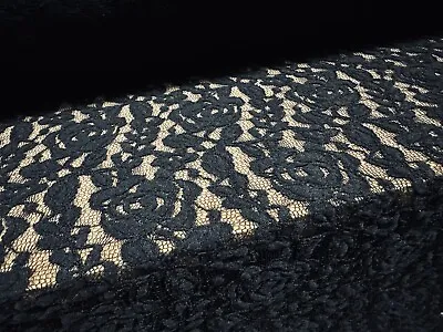 Spandex Lace Fabric With 4 Way Stretch Per Metre - Rose Floral Pattern - Black • £4.99