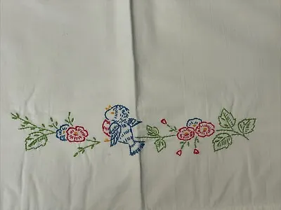 Vtg Single Pillowcase Multi Color Flowers Bluebird Hand Embroidered 20” X 29.5” • $6.71