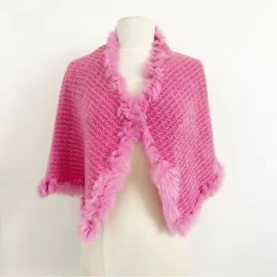 Vintage 90s Y2K Pink Real Fur Trim Knit Mini Shrug Pop Princess Style • $150