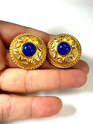 $34 • Buy Vintage Earrings Clip On Cabochon Royal Blue Etruscan Button 90s Jewelry Round