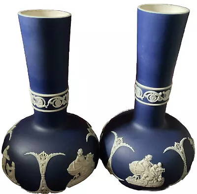 Antique Adams Tunstall Jasper Ware Pair Of Neoclassical Cobalt Blue Vases 18.6cm • £39