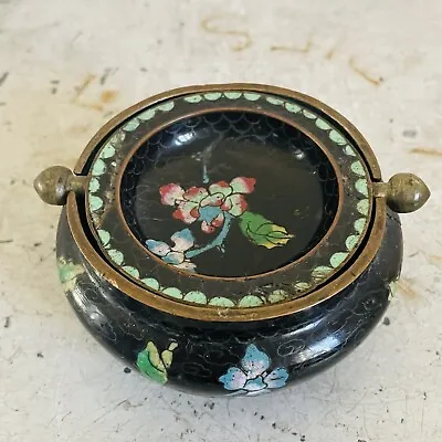 Vtg Chinese Cloisonne Enamel Brass Flowers Flip Top Lid Incense Burner Ashtray • $19