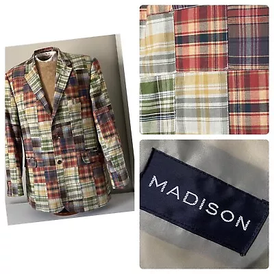 Madison Madras Patchwork Plaid Men Blazer Jacket 46L Sport Coat • $48