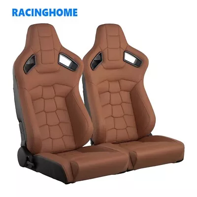 2Pcs Universal Brown Car Racing Seat PVC Leather Recline Seats With 2 Sliders • $359.99