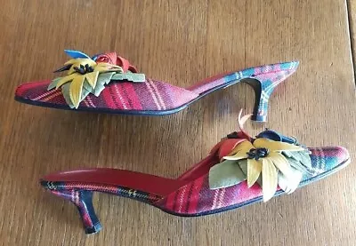 $75 • Buy Women's Shoes Zalo Mules Kitten Heel Red Plaid With Flowers Sz 6 M 