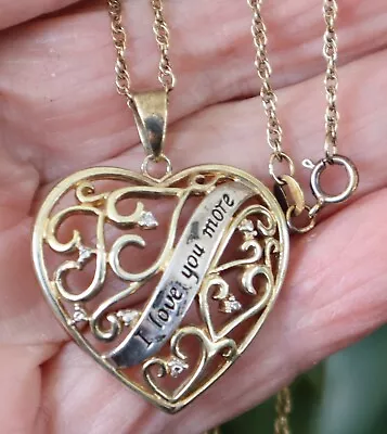 Vintage Sterling Silver Gold Vermeil I Love You More Heart Pendant 18  Necklace • $9.99