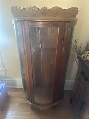 Antique Victorian Oak Wood Curved Glass Carved Lion Paw Feet China Cabinet • $300