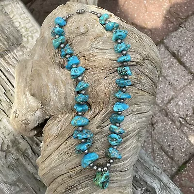 Vintage Navajo Turquoise Nuggets Silver Necklace Native American Jewelry 19” L • £255.76