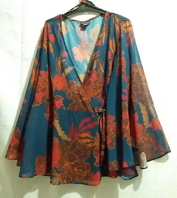 CITY CHIC Top Size M Teal + Floral Kimono Sleeve Wrap + Tie PLUS • $28