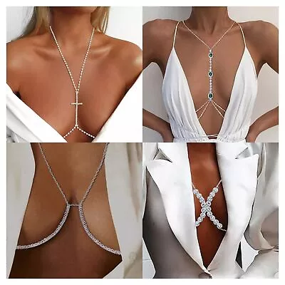 Body Chain Jewelry Harness Women Bikini Chest Necklace Rhinestone Crystal Bra • £8.50