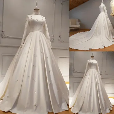 Elegant Muslim High Neck Wedding Dresses With Sweep Train Satin Bridal Ball Gown • $156.39