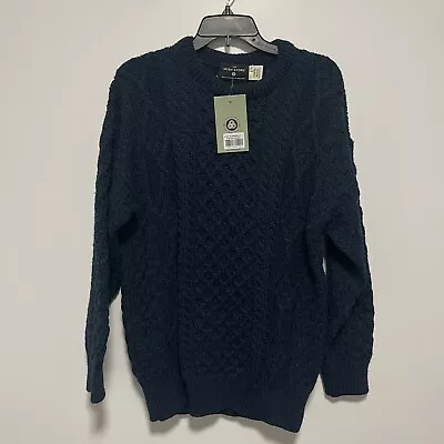 NWT The Irish Store 100% Wool Blackwatch Blue Black Fisherman Chunky Sweater L • $60