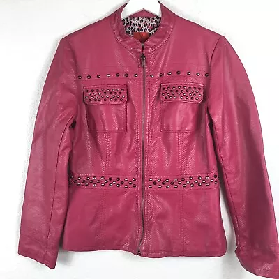 $23 • Buy V Cristina Pink Faux Pebbled Leather Studded Biker Moto Jacket Size Med Full Zip