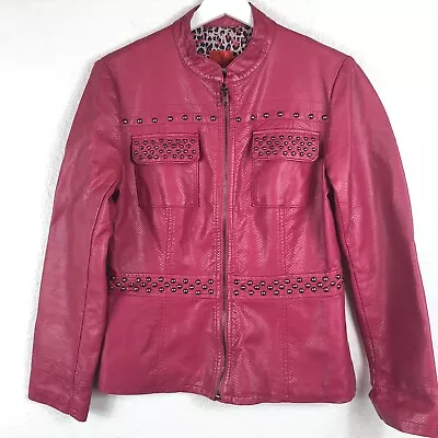 V Cristina Pink Faux Pebbled Leather Studded Biker Moto Jacket Size Med Full Zip • $23